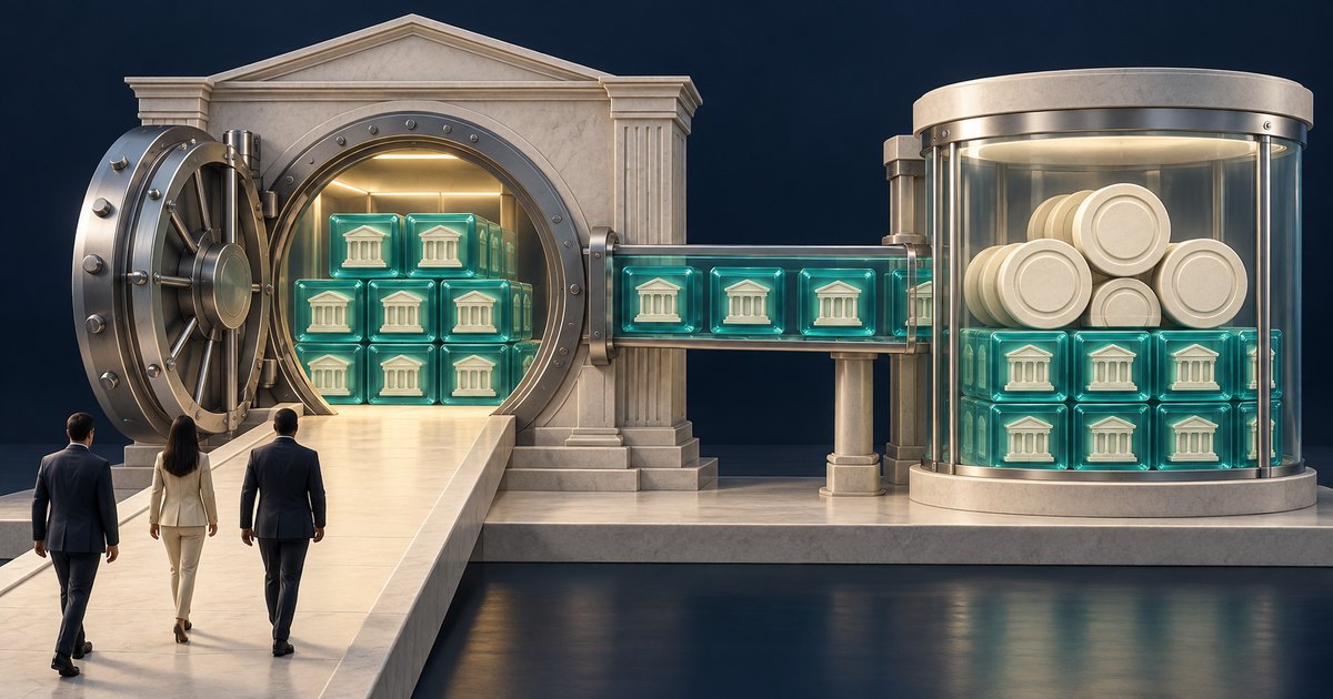 Editorial illustration: Three people approach an open vault filled with teal blocks bearing classical building symbols. A transparent passage connects the vault to a glass chamber containing matching blocks and pale coins.