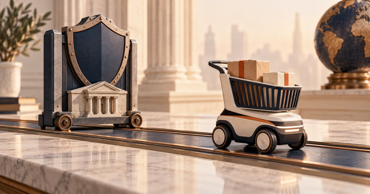 Editorial illustration: A robotic shopping cart carrying parcels sits ahead of a wheeled platform bearing a large shield and miniature classical bank building. Rails cross a polished marble setting with columns and a globe.