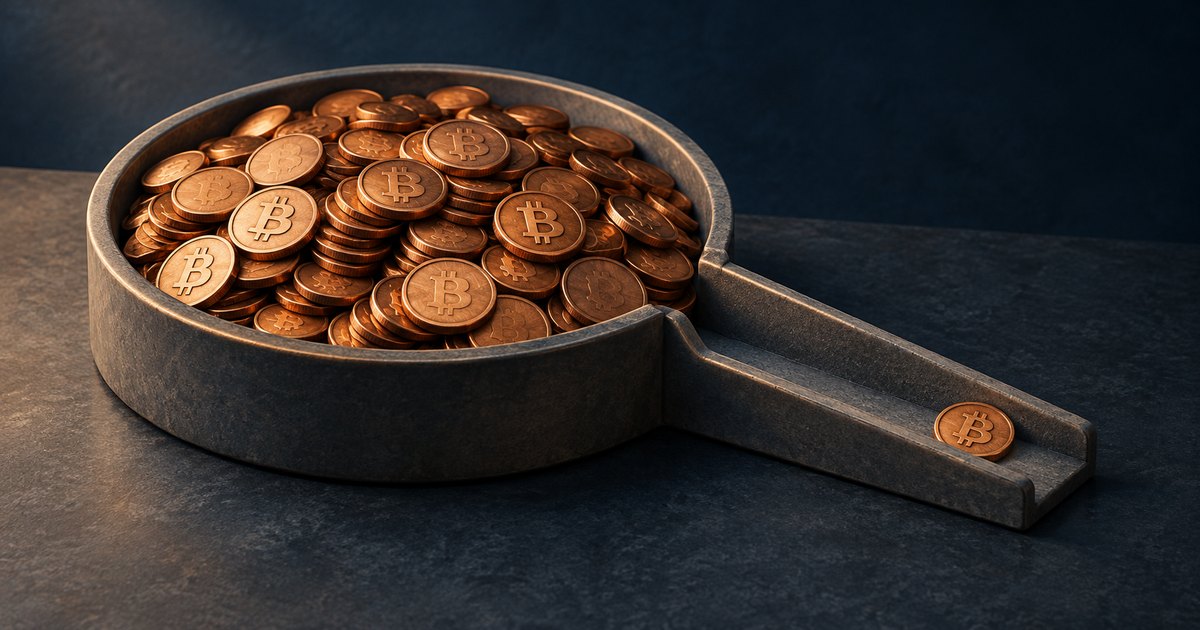 Editorial illustration: Copper-colored Bitcoin coins fill a round metal reservoir, while a single coin rests near the end of its narrow outlet channel against a dark background.