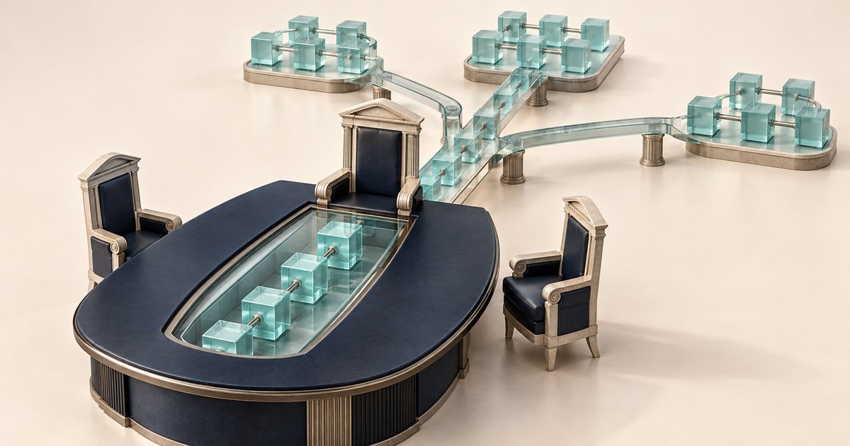 Editorial illustration: Three ornate chairs surround a dark boardroom table with linked turquoise glass blocks inset into its center. Glass pathways branch toward three platforms holding additional connected blocks.