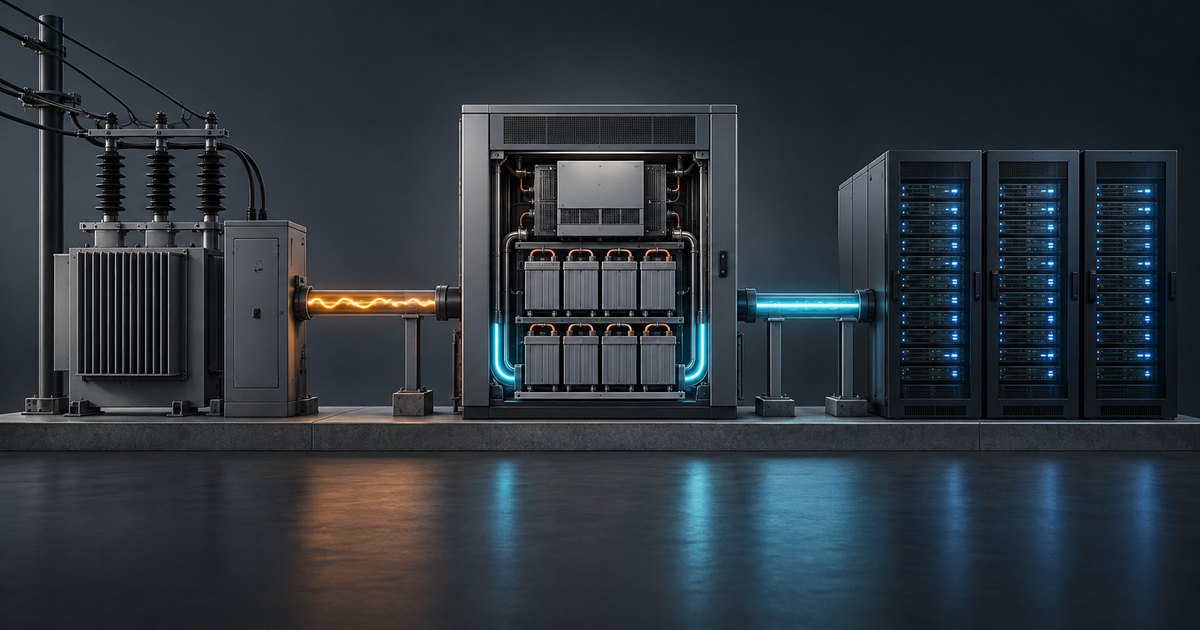 Editorial illustration: An electrical transformer connects through a glowing orange conduit to an open power cabinet, which connects through a cyan conduit to three server racks.