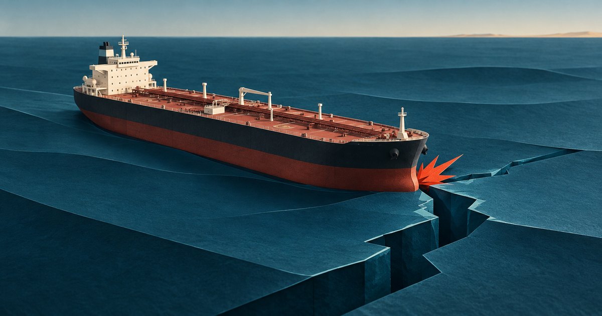 Editorial illustration: An oil tanker on a dark teal sea, with an orange impact burst at its bow and a jagged fissure splitting the water toward the foreground.
