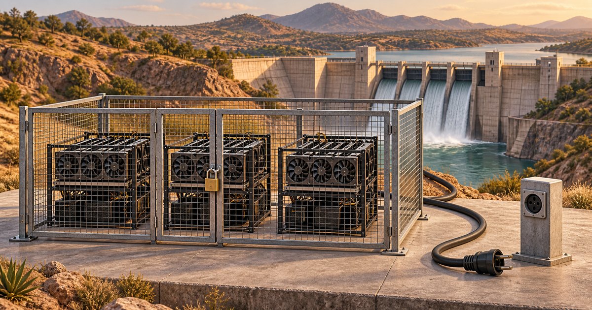 Editorial illustration: Three GPU mining rigs sit inside a locked metal cage overlooking a hydroelectric dam. A thick cable ends in an unplugged connector beside an electrical outlet.