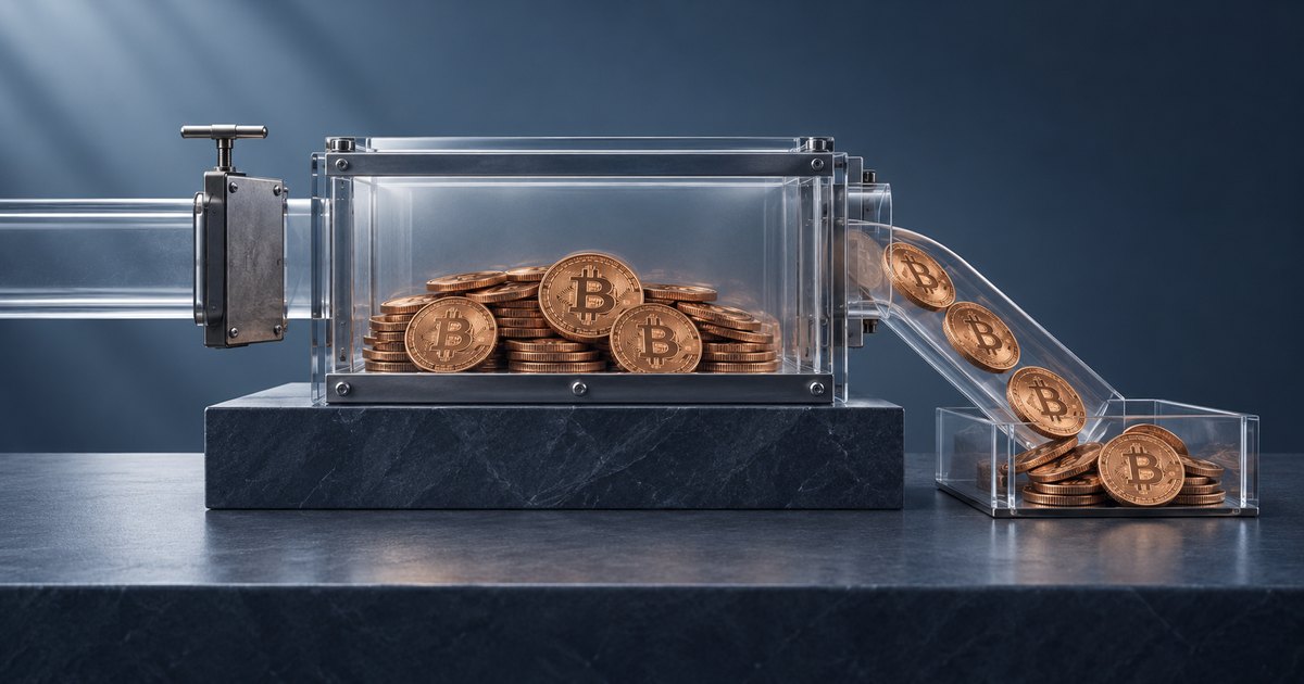 Editorial illustration: Bitcoin coins fill a glass chamber on a dark stone base, with coins descending a transparent chute into a smaller collection tray.