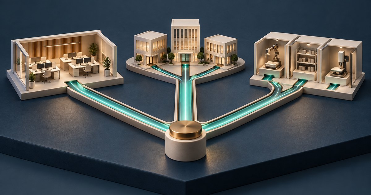 Editorial illustration: Glowing teal channels branch from a gold central hub toward a miniature office, a cluster of buildings and industrial bays containing a robotic arm, shelves and machinery.