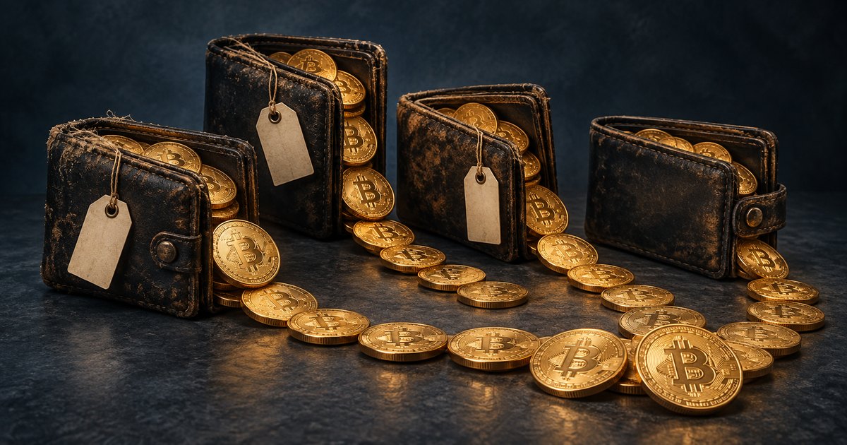 Editorial illustration: Four worn leather wallets filled with gold Bitcoin coins, with trails of coins spreading across a dark surface. Three wallets have blank paper tags.