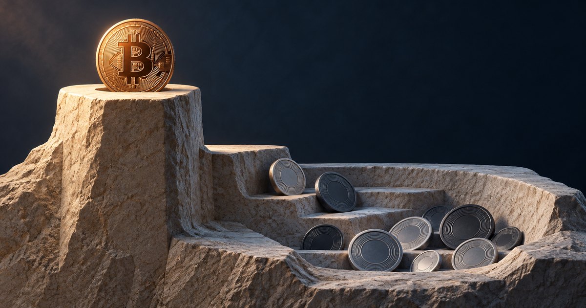 Editorial illustration: A gold Bitcoin stands upright atop a tall stone pedestal, above scattered silver and dark coins on lower stone steps against a dark background.