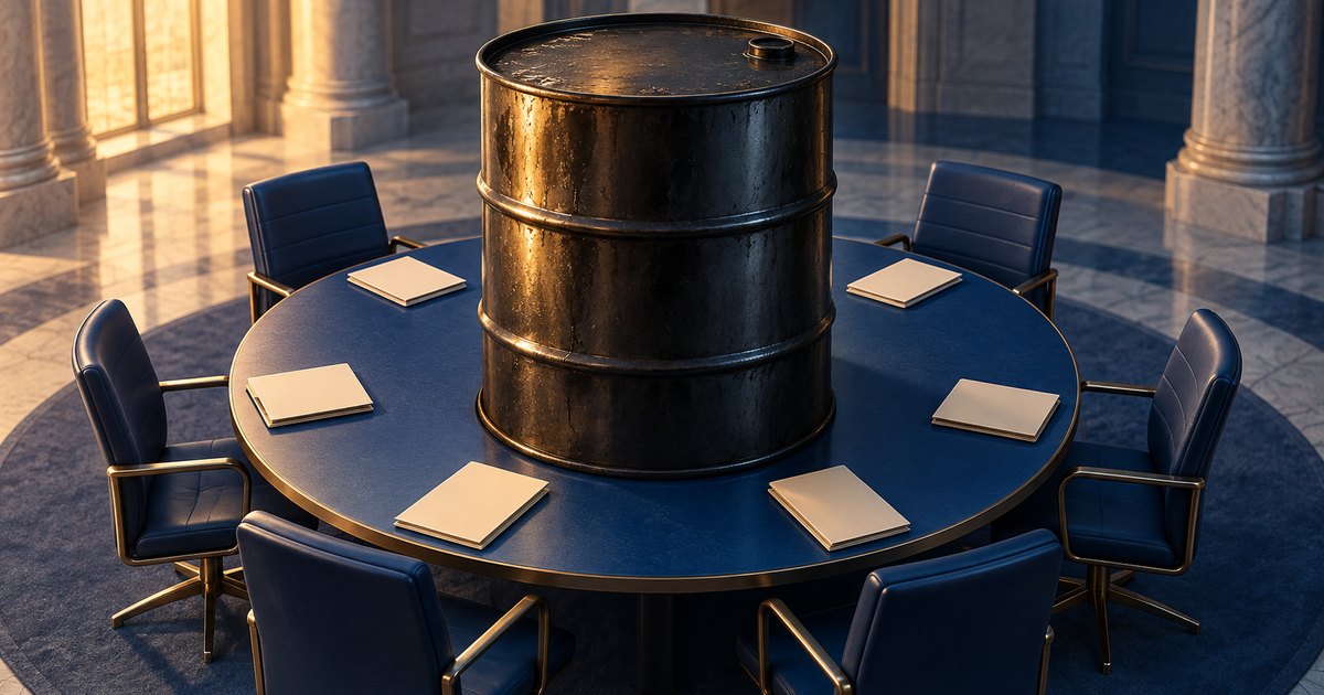 Editorial illustration: A large black oil barrel stands at the center of a round navy conference table surrounded by six empty chairs and blank cream folders, in a sunlit room with stone columns.