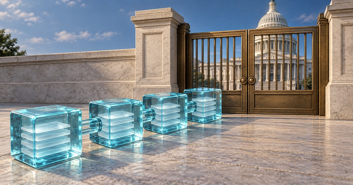 Editorial illustration: Four translucent blue blocks connected by glass links lead toward a closed bronze gate, with the US Capitol behind it.