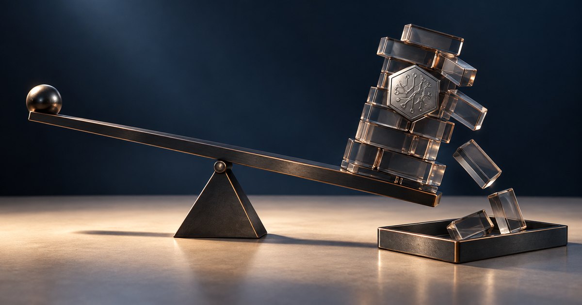 Editorial illustration: A metal beam balances on a triangular fulcrum, with a small sphere at one end and a leaning stack of transparent blocks surrounding a circuit-pattern token at the other. Loose blocks tumble toward a tray below.