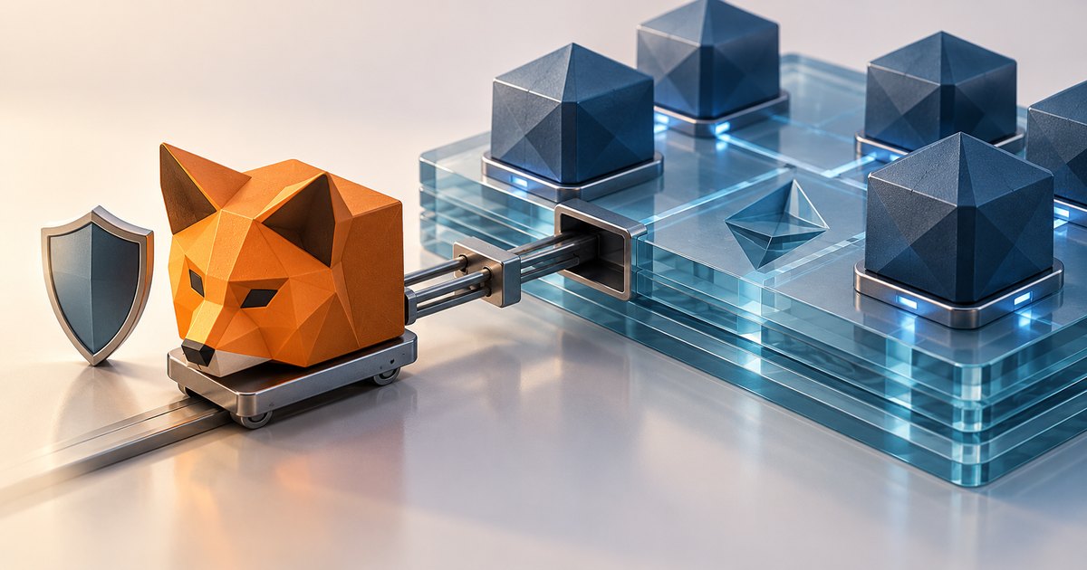 Editorial illustration: An angular orange fox sits on a wheeled platform beside a shield. Rails and metal rods connect the platform to a transparent blue structure supporting dark geometric blocks and an Ethereum symbol.
