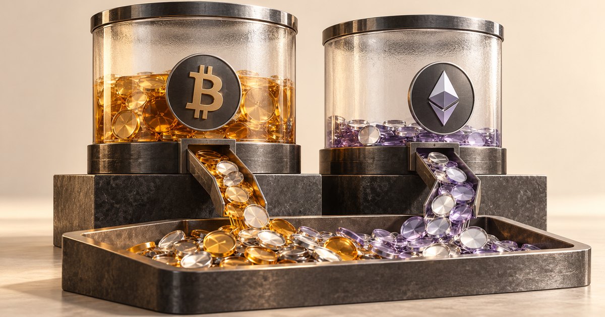 Editorial illustration: Gold and purple coins spill down chutes from transparent containers marked with Bitcoin and Ethereum symbols into a shared metal tray.