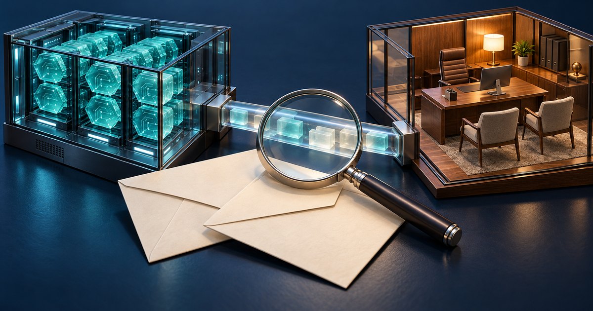 Editorial illustration: Glowing turquoise blocks travel through a transparent channel between a server enclosure and a furnished office, with two envelopes and a magnifying glass in the foreground.