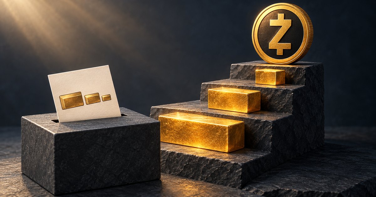 Editorial illustration: A ballot bearing three progressively smaller gold bars enters a stone ballot box beside ascending stone steps. Gold bars decrease in size toward a large gold Zcash coin at the top.