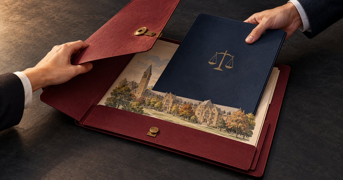 Editorial illustration: Two suited hands hold open a burgundy portfolio containing an illustrated university campus and a navy folder bearing gold scales of justice.