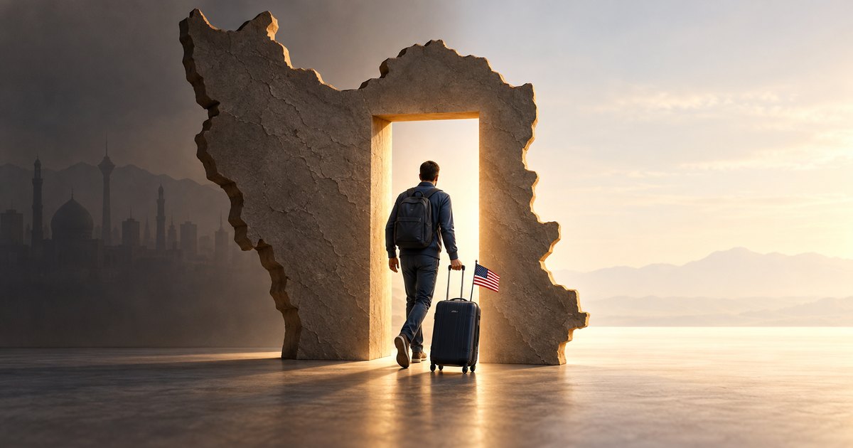 Editorial illustration: A backpacked traveler pulls a suitcase bearing a small American flag through a glowing doorway in an Iran-shaped stone wall, with a shadowed skyline behind him.