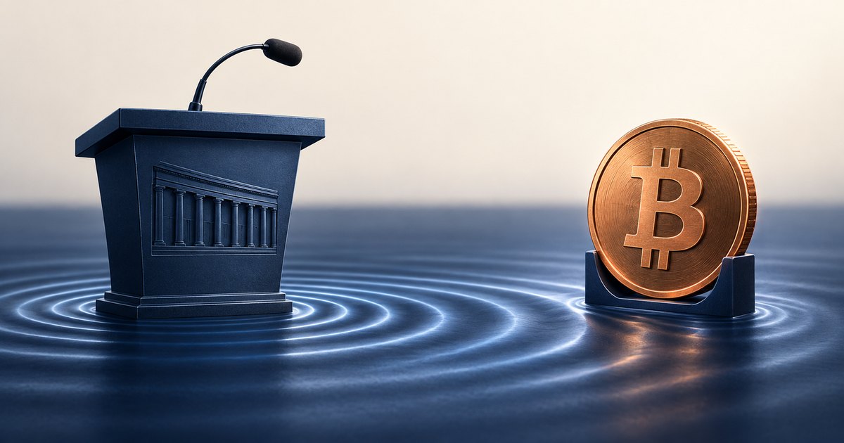 Editorial illustration: A dark blue lectern with a microphone and classical-column relief stands opposite a copper Bitcoin coin on a stand. Glowing concentric ripples overlap across the blue surface beneath them.
