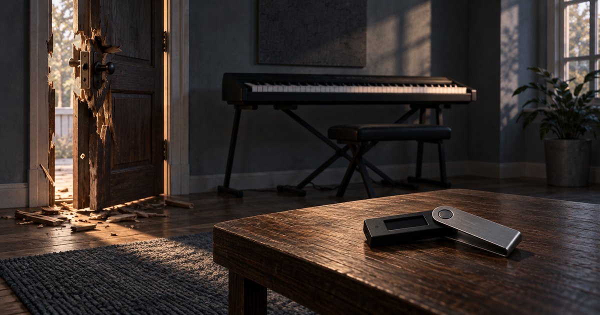 Editorial illustration: A hardware wallet rests on a wooden coffee table, with an electronic keyboard and bench behind it. Sunlight enters through a damaged open door, illuminating splinters scattered across the floor.