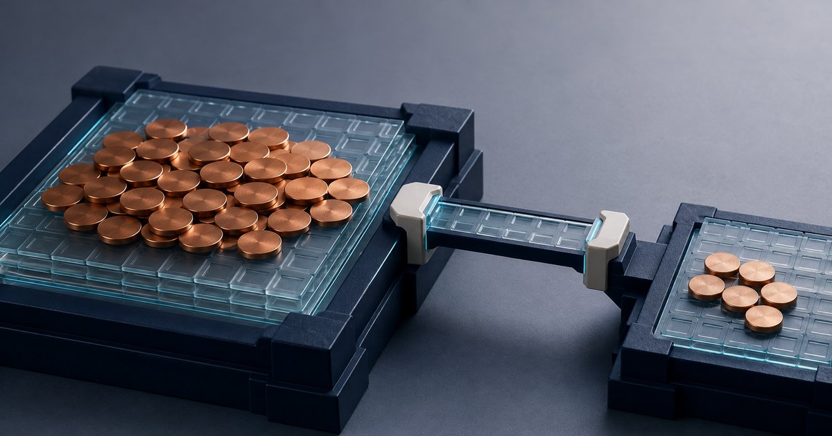 Editorial illustration: A narrow glasslike bridge connects two dark platforms, with a large pile of copper-colored coins on the left and six coins on the right.