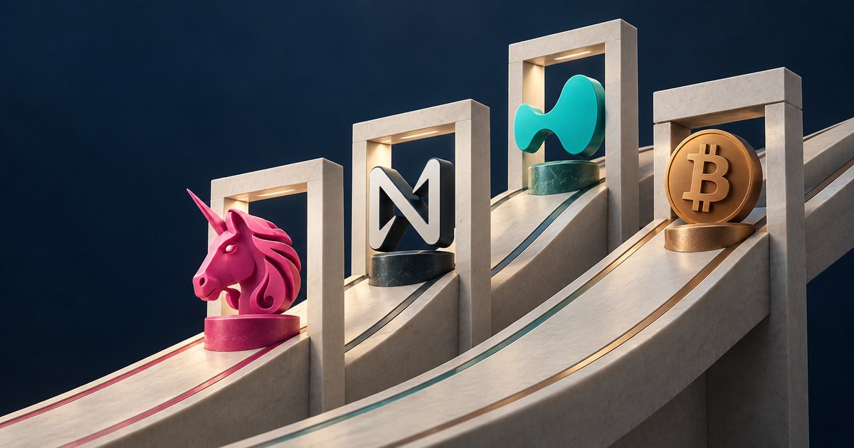 Editorial illustration: Pink Uniswap unicorn, silver NEAR emblem, teal Hyperliquid emblem and gold Bitcoin coin stand on pedestals along rising stone tracks framed by illuminated rectangular arches against a dark blue background.