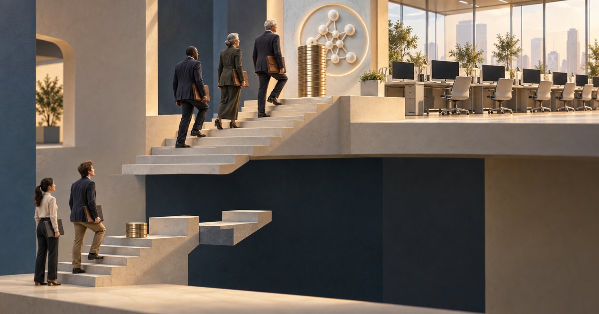 Editorial illustration: Older businesspeople climb stairs toward a bright office beside a tall stack of gold coins and a connected-node emblem. Two younger people stand on a lower, interrupted staircase beside a smaller coin stack.