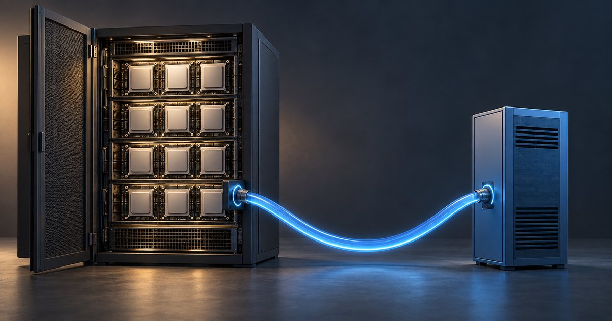 Editorial illustration: An open cabinet containing rows of large chips connects by a glowing blue cable to a smaller blue server tower against a dark background.