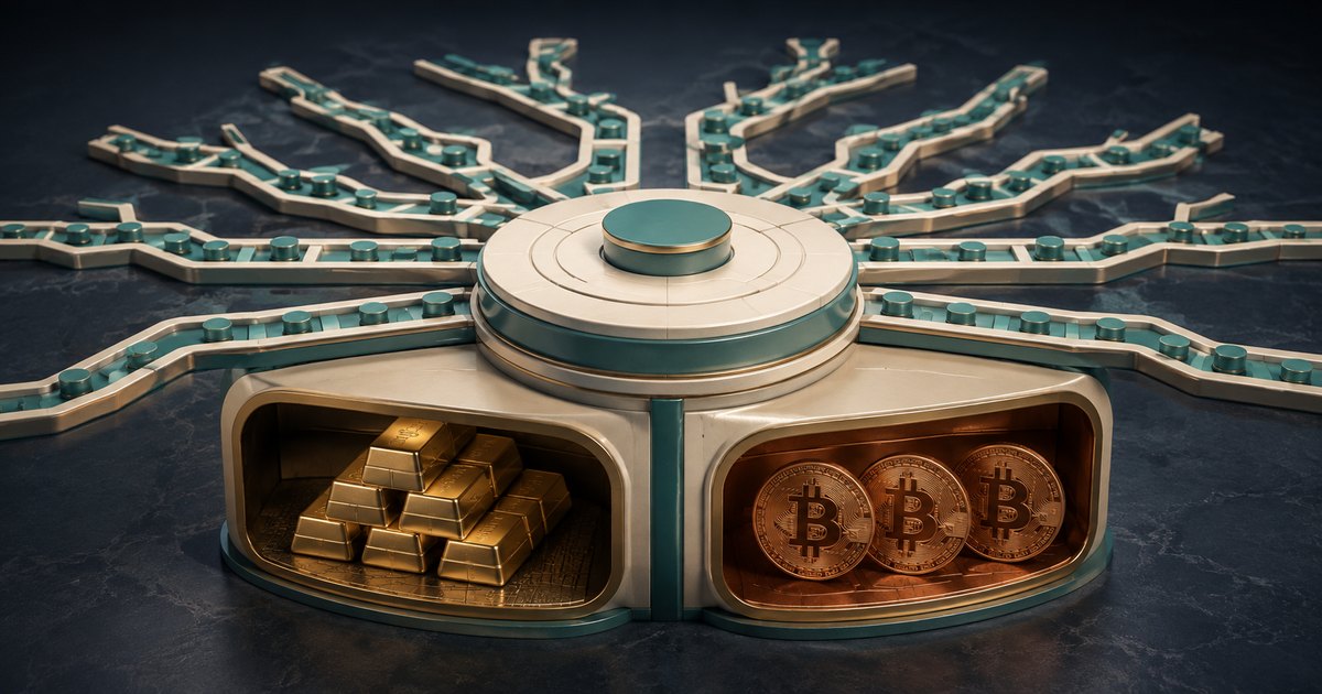 Editorial illustration: A teal and cream hub with branching circuit-like pathways sits above two open compartments containing stacked gold bars and three Bitcoin coins.