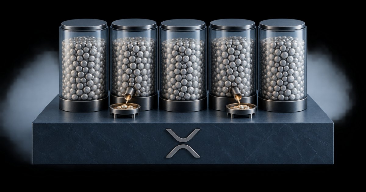 Editorial illustration: Five transparent cylinders filled with metallic spheres stand on a dark platform bearing the XRP symbol. Small spouts on two cylinders release gold-colored droplets into shallow trays.