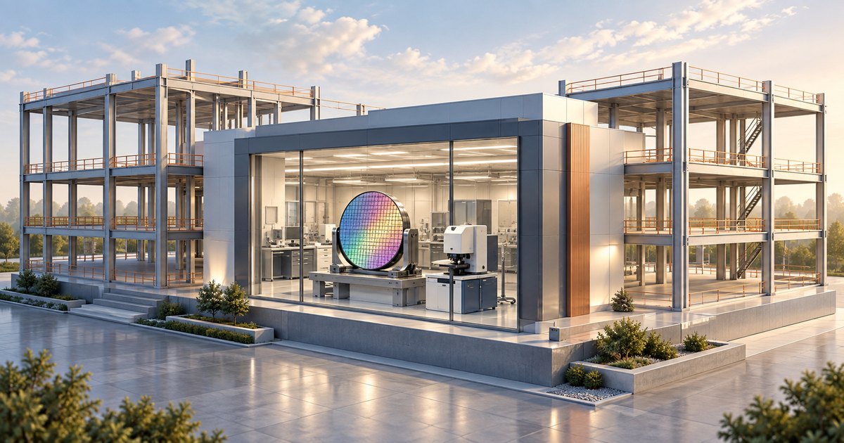 Editorial illustration: A glass-fronted laboratory displays a rainbow-colored semiconductor wafer and research equipment, flanked by exposed multistory building frames in warm sunlight.