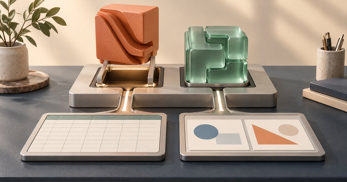 Editorial illustration: An orange folded block hovers above one socket beside a translucent green block in a shared metal platform, with glowing channels leading toward a grid panel and a panel containing geometric shapes.