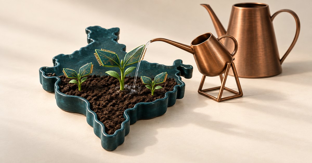 Editorial illustration: A small copper watering can waters three seedlings with circuit-board leaves in an India-shaped teal planter. A larger copper watering can stands behind it.