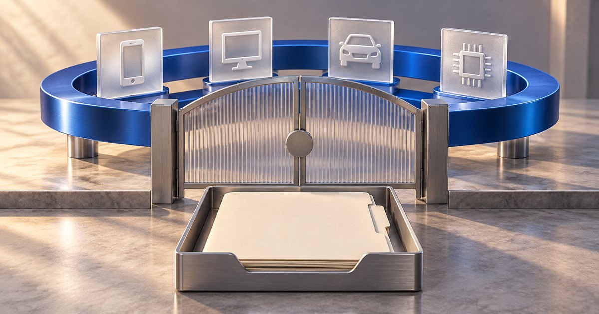 Editorial illustration: A tray of folders sits before a closed metal gate. Behind it, a blue oval loop holds translucent plaques depicting a smartphone, monitor, car, and microchip.
