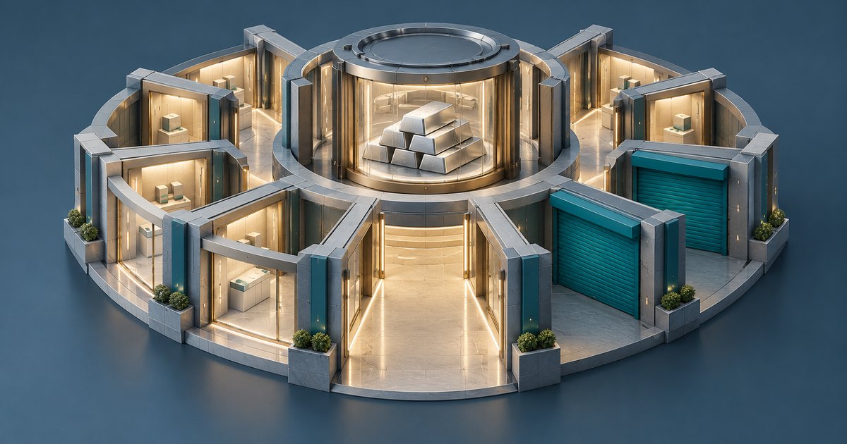 Editorial illustration: A circular structure with illuminated open bays and two closed teal shutters surrounds a glass-enclosed stack of silver-colored bullion bars.
