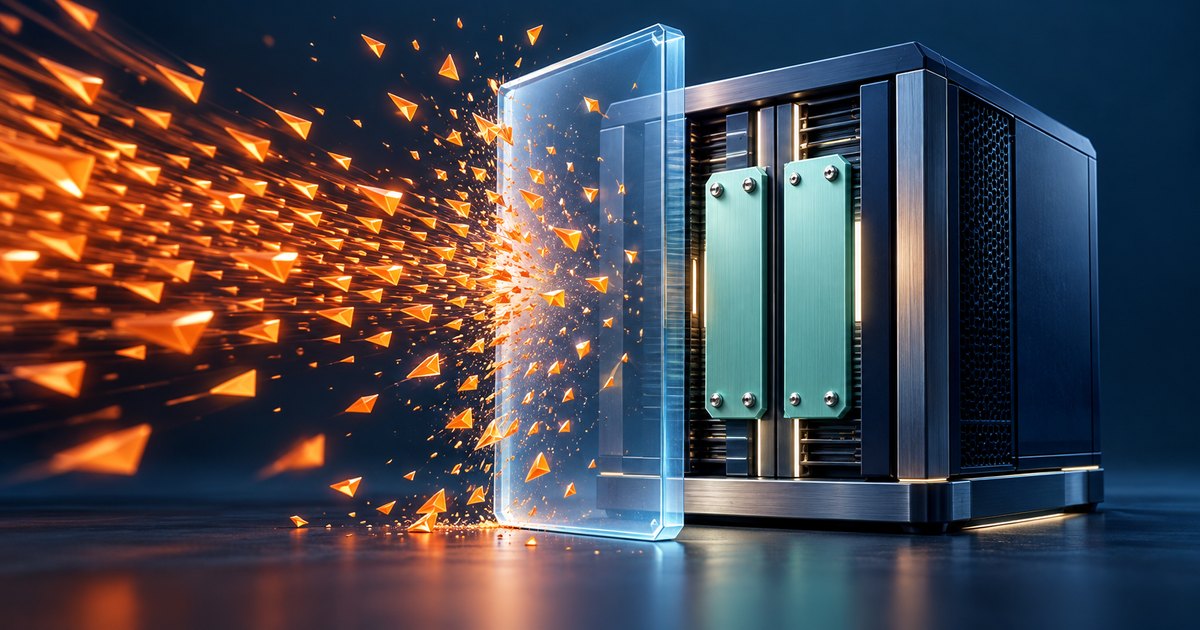 Editorial illustration: Glowing orange triangular projectiles strike a transparent blue barrier in front of a metallic server against a dark blue background.