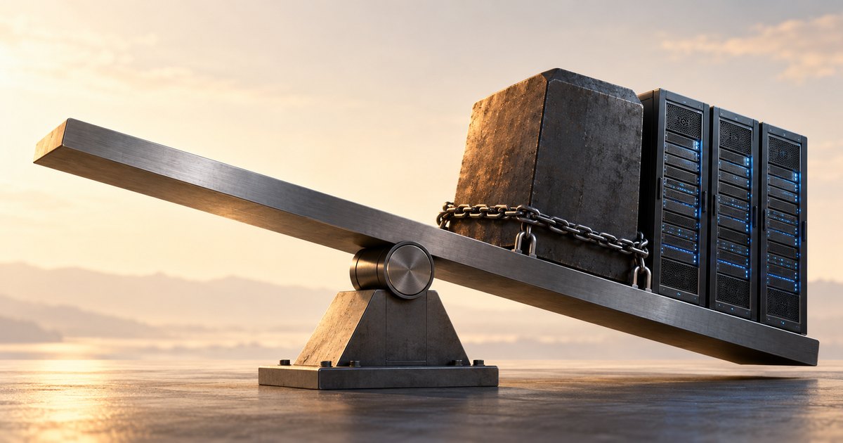 Editorial illustration: Three server racks beside a massive chained stone weigh down the right end of a metal seesaw against a warm sky.