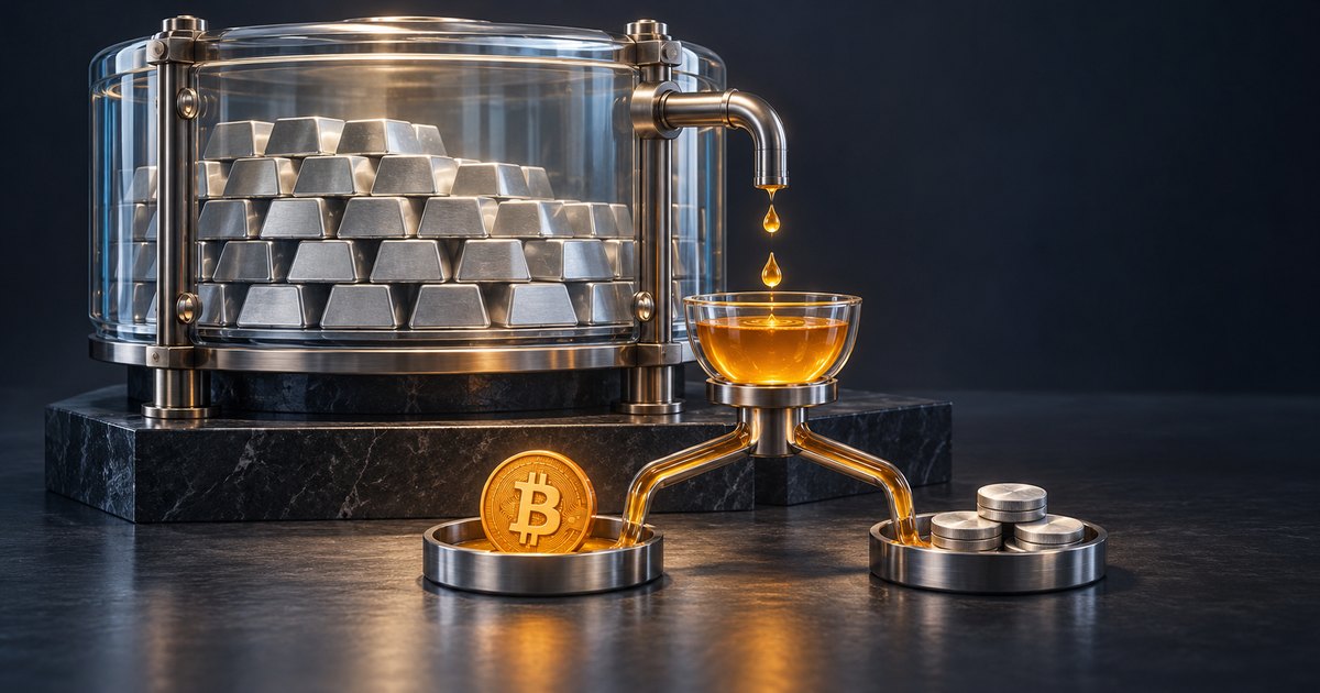 Editorial illustration: A glass tank containing silver-colored bars drips golden liquid into a bowl, with branching pipes leading to a Bitcoin coin and stacks of silver-colored coins.