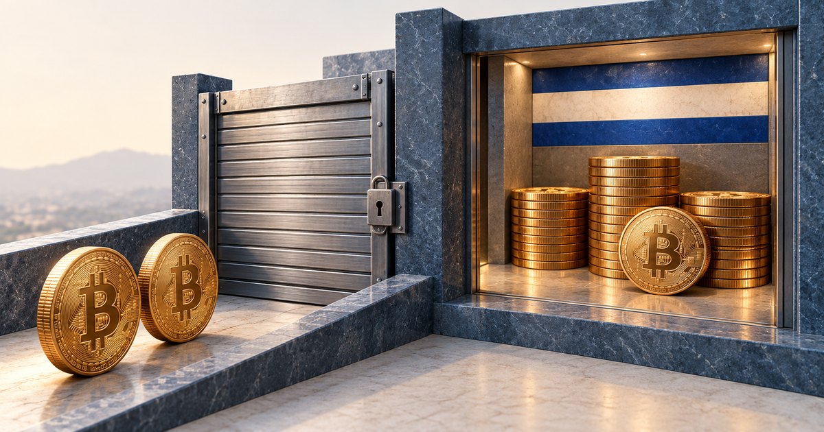 Editorial illustration: Gold Bitcoin coins sit outside a locked metal gate beside an illuminated stone vault containing stacks of coins and blue-white-blue bands.