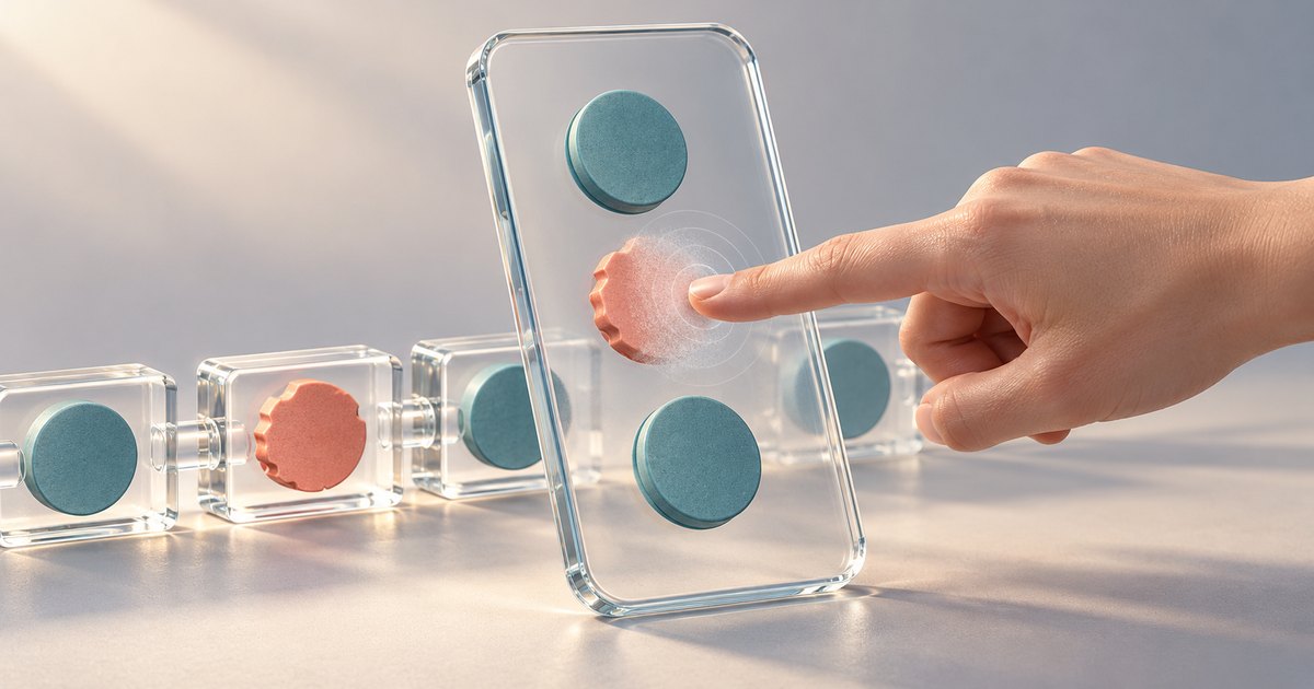 Editorial illustration: A finger presses a dissolving coral token on a transparent phone, with teal tokens above and below and linked transparent blocks containing tokens behind it.
