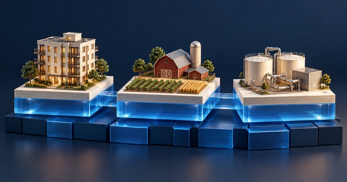 Editorial illustration: An apartment building, a farm with crops and a barn, and an industrial energy facility stand on glowing blue platforms connected above a foundation of rectangular blocks.