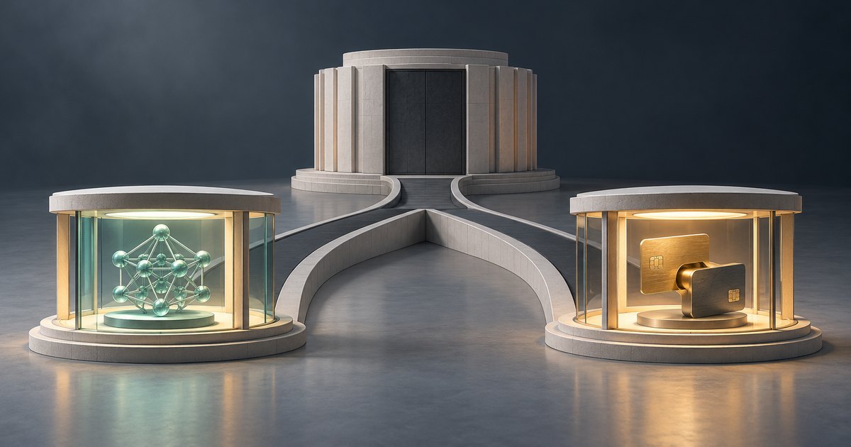 Editorial illustration: Branching paths connect a stone building with closed dark doors to two illuminated glass displays, one containing a green network of connected spheres and the other gold payment cards.