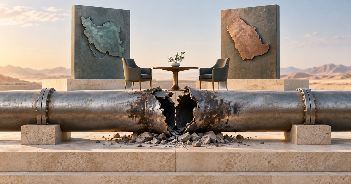 Editorial illustration: A large ruptured pipeline and scattered rubble fill the foreground. Behind it, two empty chairs face a small table between stone panels bearing maps of Iran and Saudi Arabia, against a desert landscape.