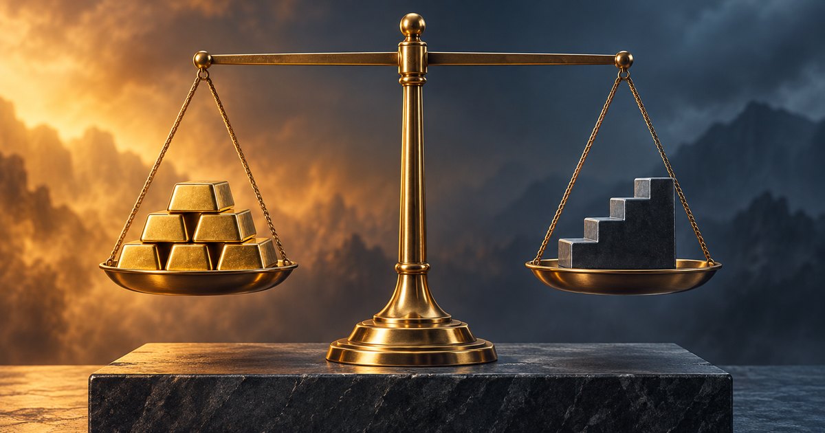 Editorial illustration: A golden balance holds stacked gold bars on one pan and a dark staircase on the other, against a cloudy background divided between warm gold and cool blue.