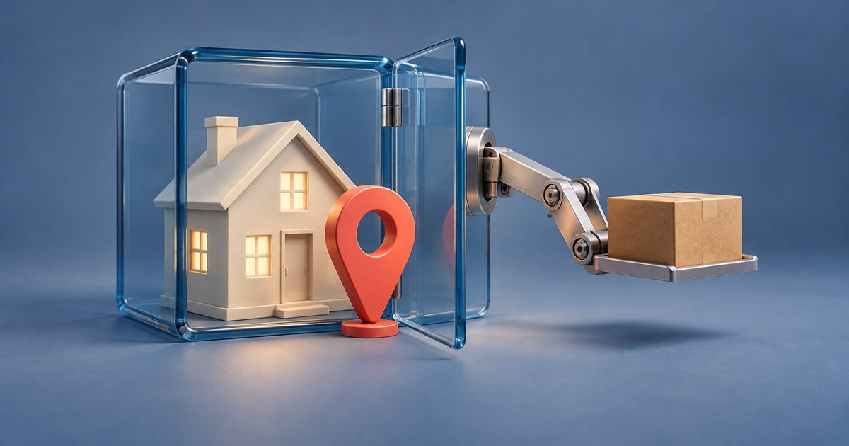 Editorial illustration: A miniature house with glowing windows and a red location pin sits inside an open glass enclosure. A mechanical arm extends right, holding a cardboard parcel on a tray.