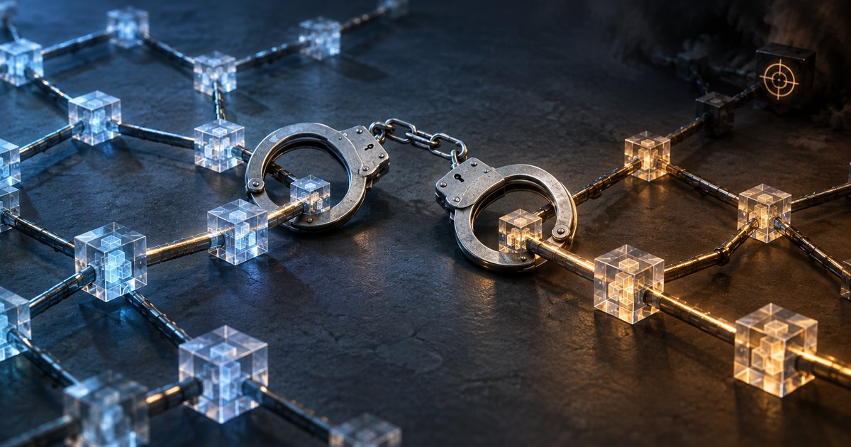 Editorial illustration: Metal handcuffs lie across a network of transparent cubes connected by metallic rods, illuminated blue on the left and amber on the right. A dark cube in the upper right bears a target symbol.