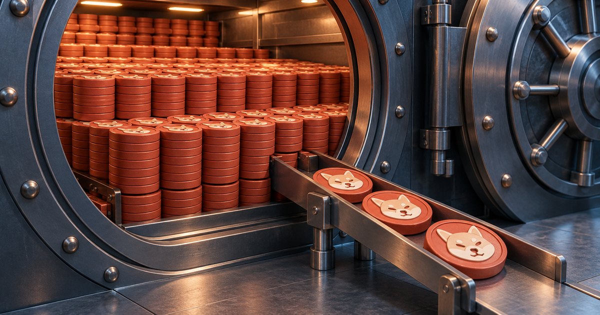 Editorial illustration: Stacks of copper-colored tokens bearing Shiba Inu dog faces fill an open steel vault, while three tokens travel outward along a metal conveyor.
