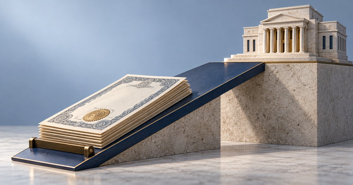 Editorial illustration: A stack of ornate financial certificates rests on a navy ramp rising toward a miniature columned bank building on a stone pedestal.