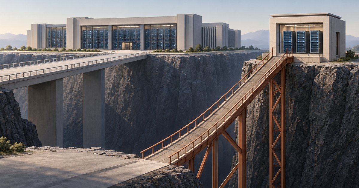 Editorial illustration: A steep, narrow bridge climbs across a rocky chasm to a small building containing server racks. A broad, level bridge leads to a much larger datacenter in the background.