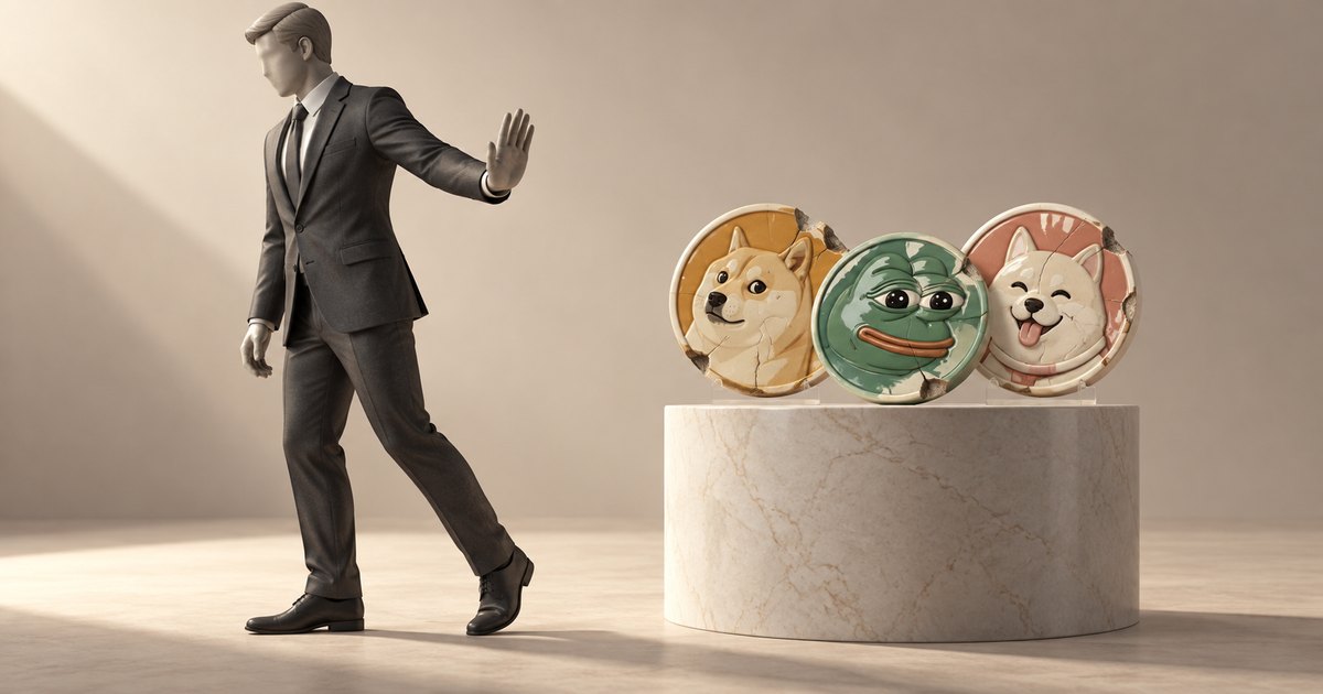 Editorial illustration: A suited figure walks away with one palm raised toward three cracked, colorful coins featuring dog and frog faces on a round stone pedestal.