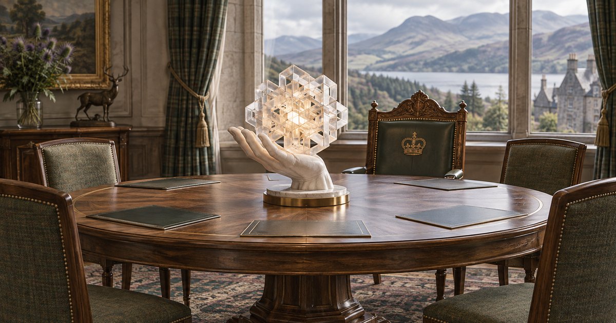 Editorial illustration: A white sculpted hand supports a glowing cluster of transparent cubes above a wooden conference table. A crown decorates the central chair, with mountains, a lake and a stone building visible through tall windows.