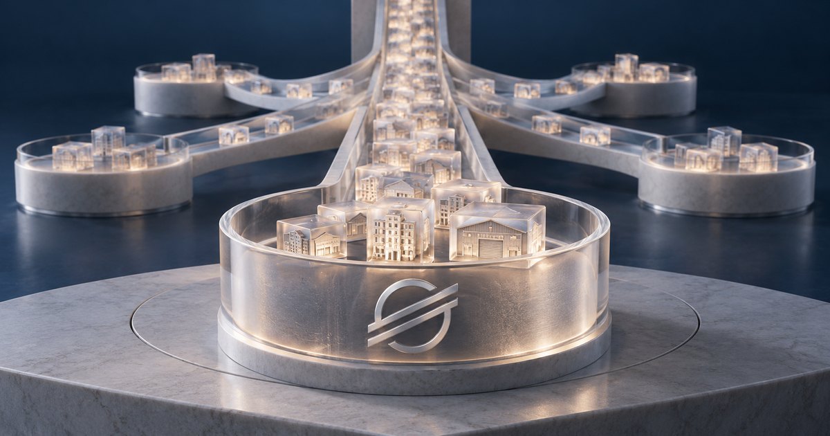 Editorial illustration: Glowing translucent blocks containing miniature buildings fill a large circular reservoir bearing the Stellar symbol, connected by branching channels to smaller reservoirs against a dark blue background.